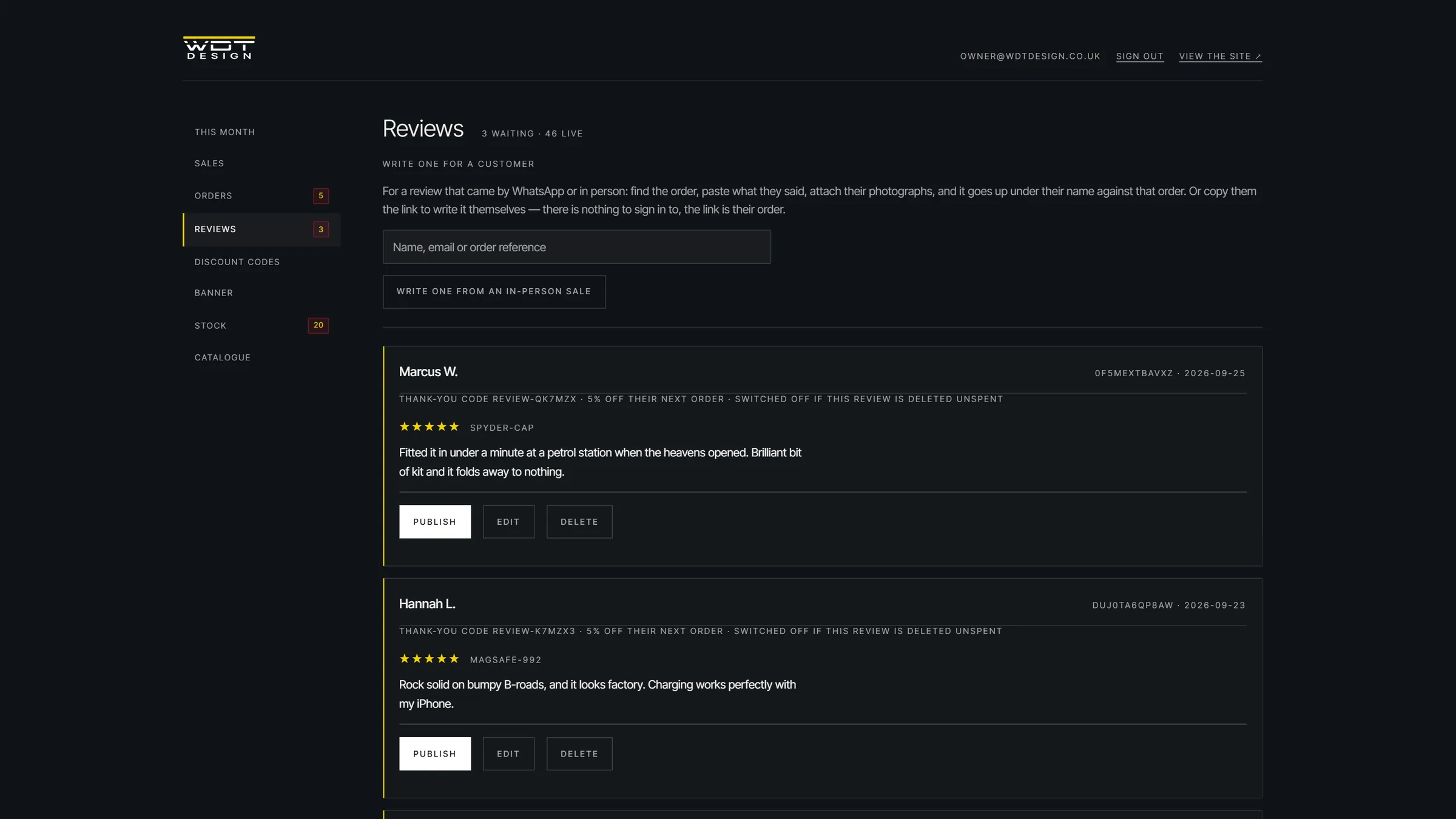 Reviews waiting with their thank-you codes
