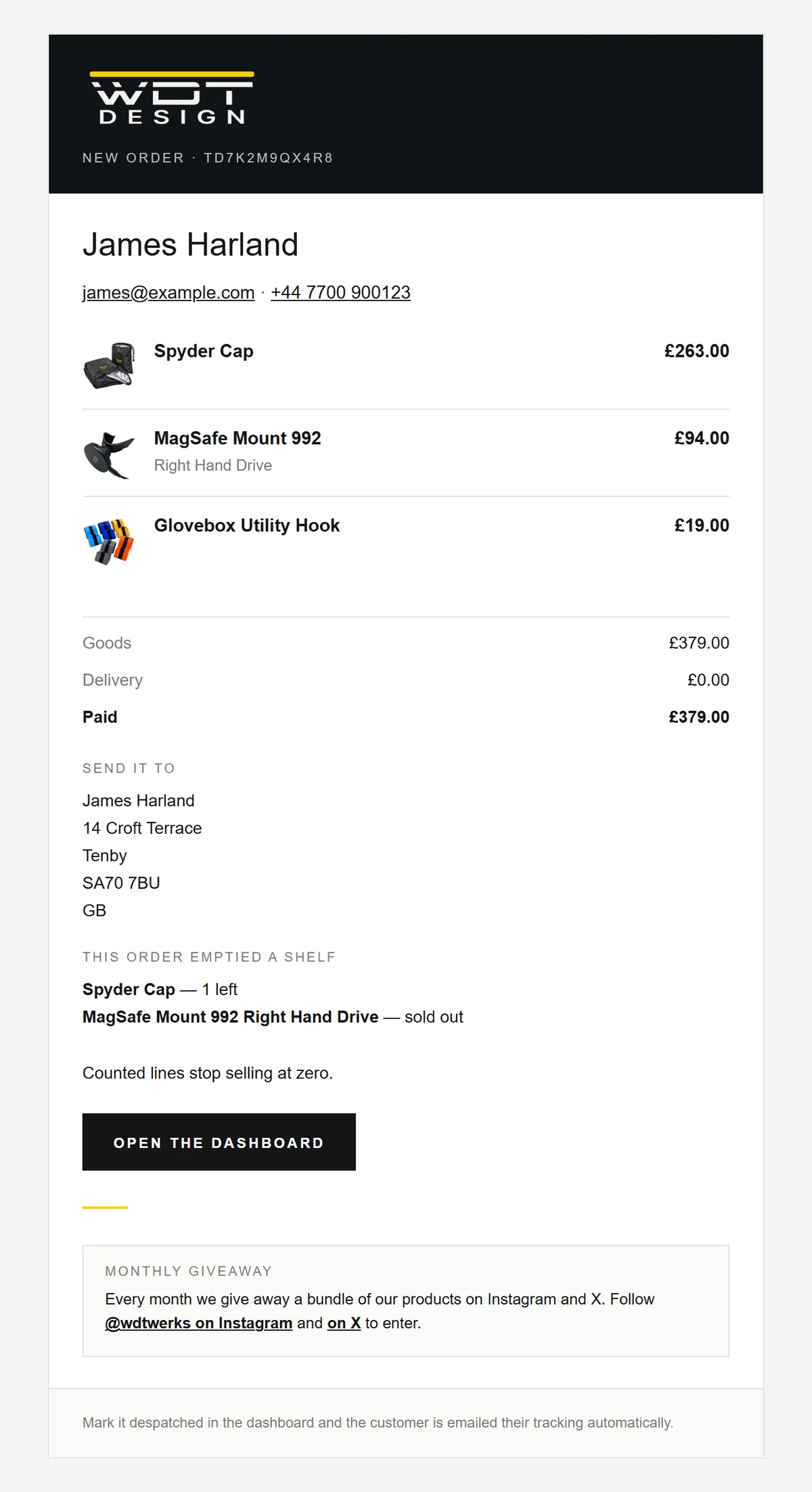 New order email to the workshop